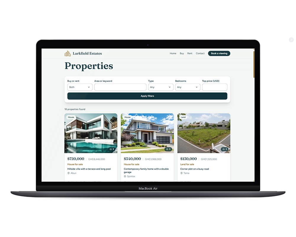 A filtering system interface from the Larkfield Estates platform